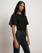 Veronica Beard Arisa Chiffon-Sleeve T-Shirt - Black