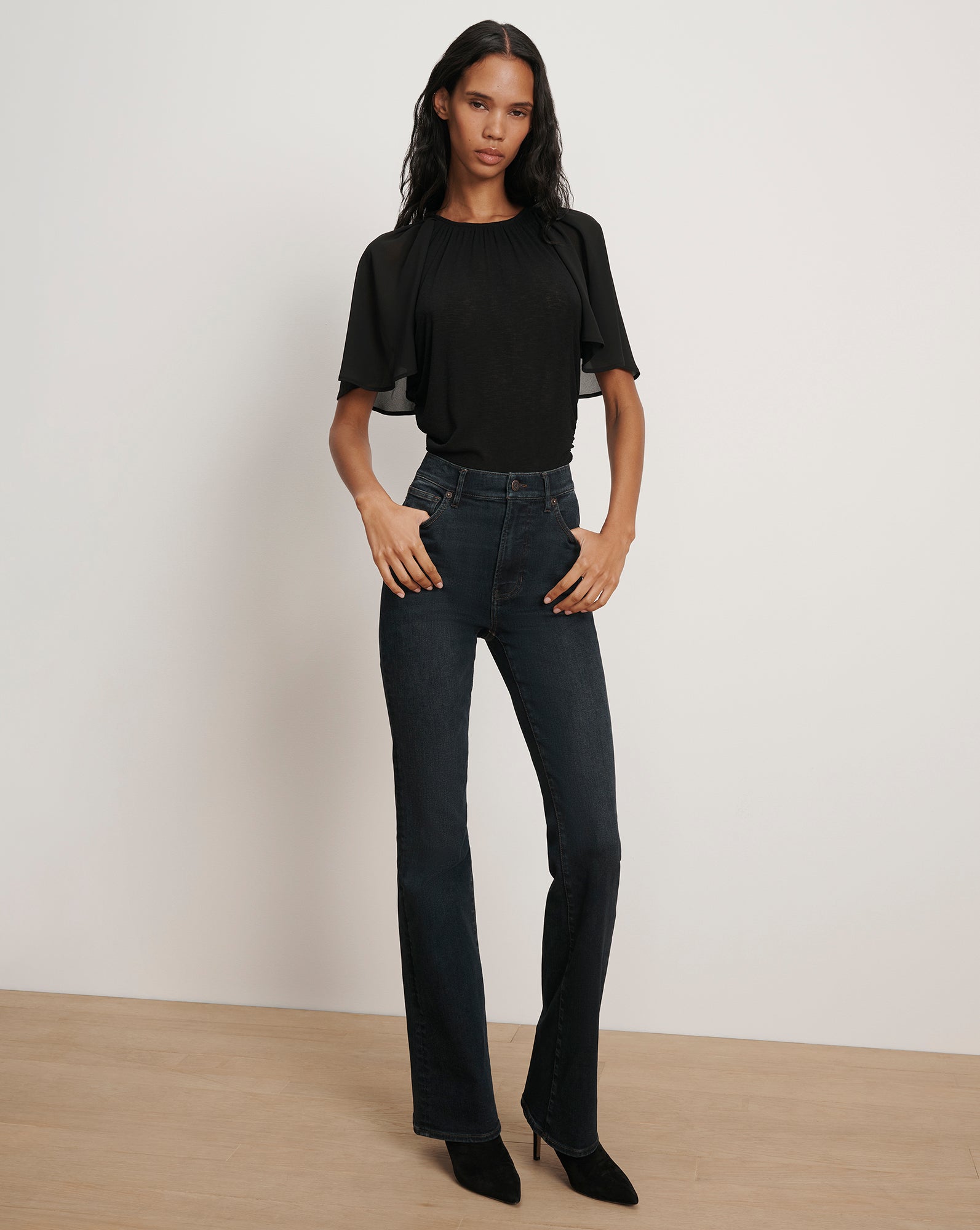 Arisa Chiffon-Sleeve T-Shirt in Black | Veronica Beard
