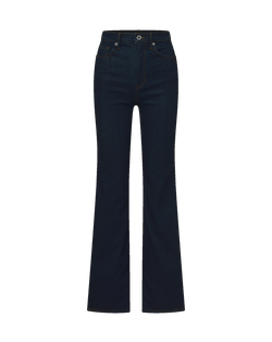 Veronica Beard Dark blue denim flare jeans with front pockets.