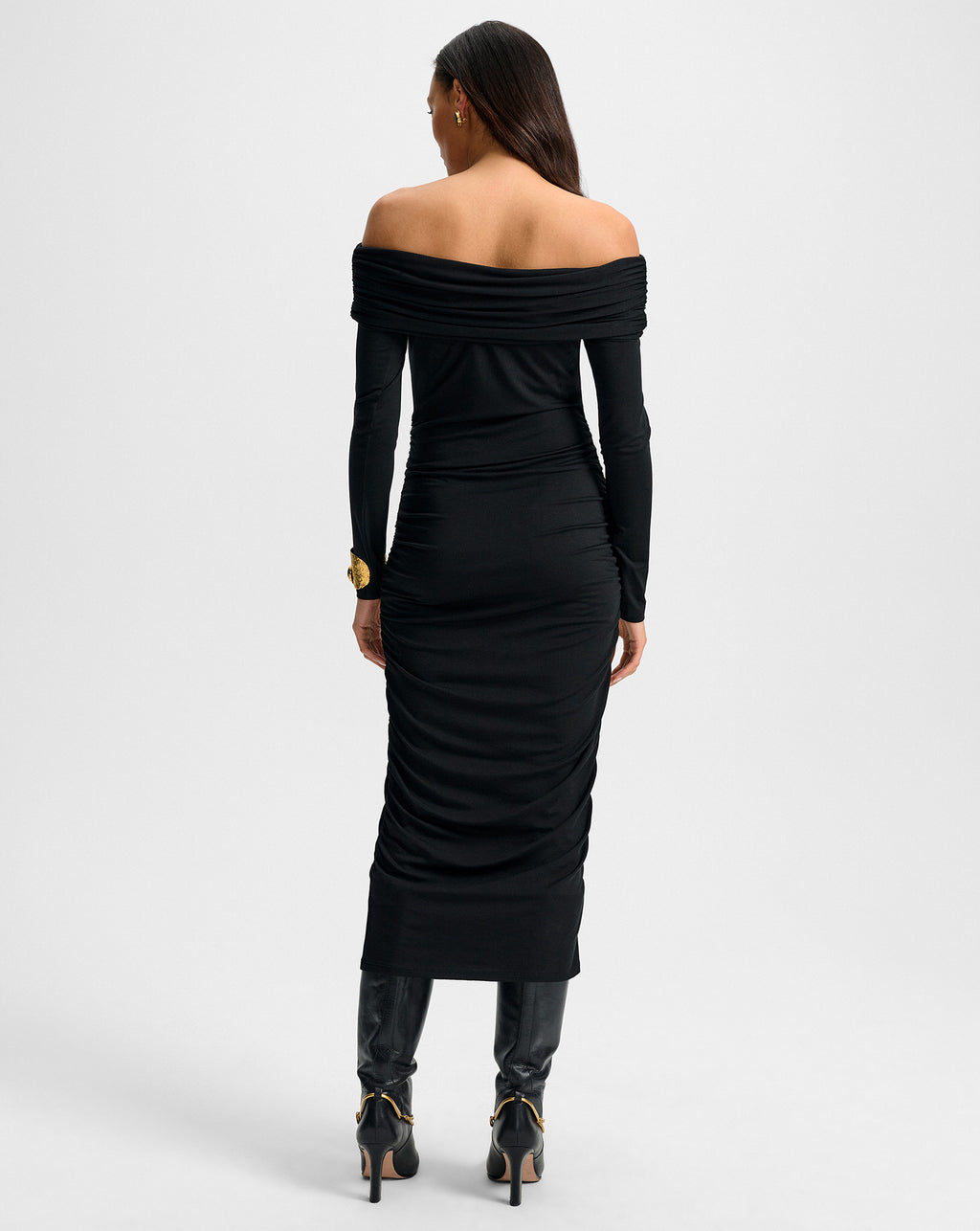 off the shoulder black dress midi Veronica Beard Tinette Off-The-Shoulder Midi Dress | Black