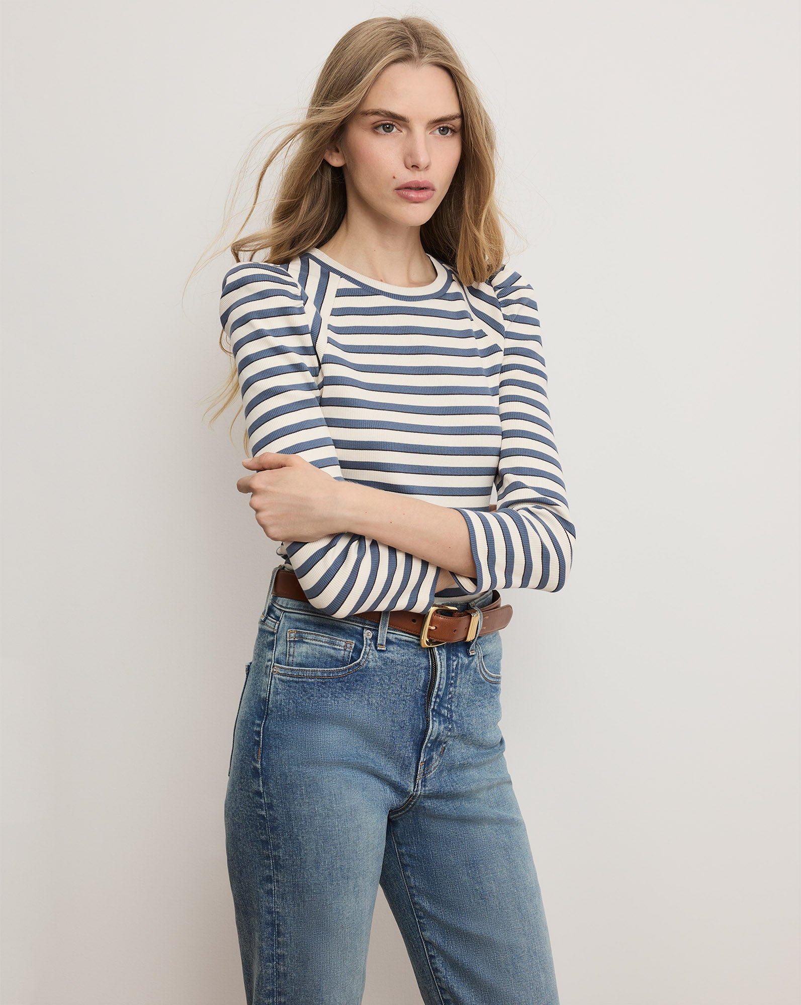 Veronica Beard Delano Puff Sleeve T-Shirt - Ecru/Ocean/Dark Umber