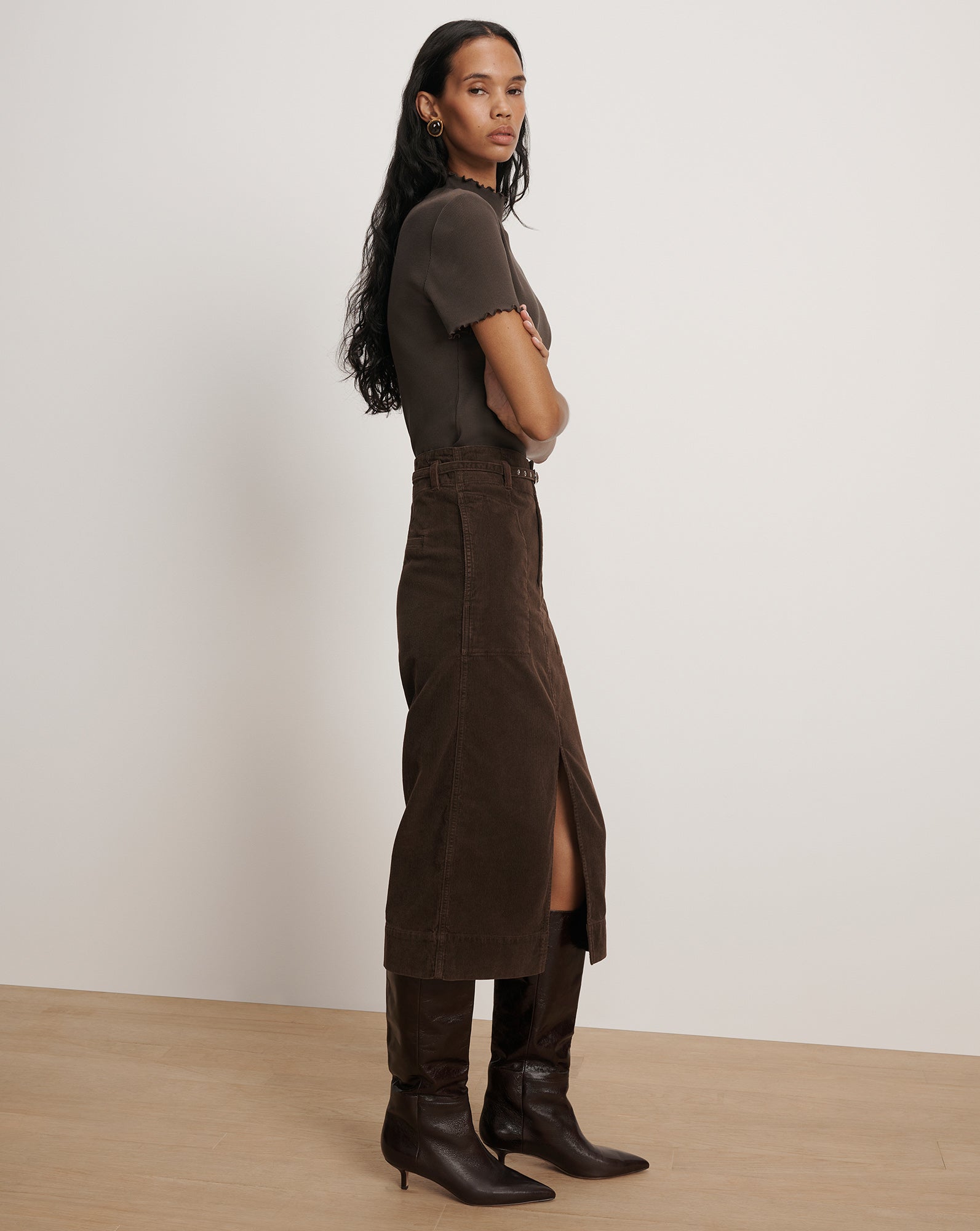 Veronica Beard Pavana Corduroy Midi Skirt - Dark Umber