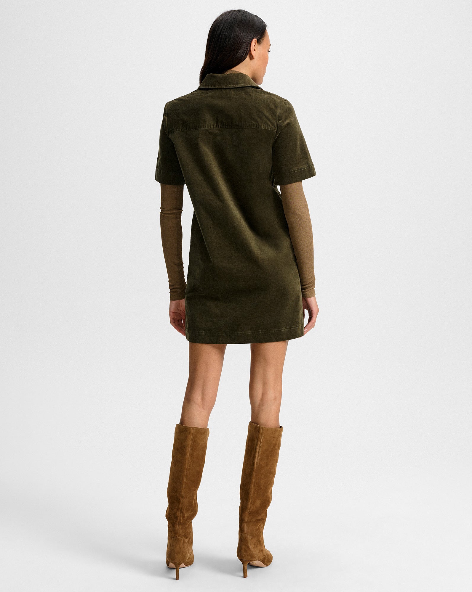 dark green corduroy shirt dress Long-sleeve Corduroy Shirt-dress For Women