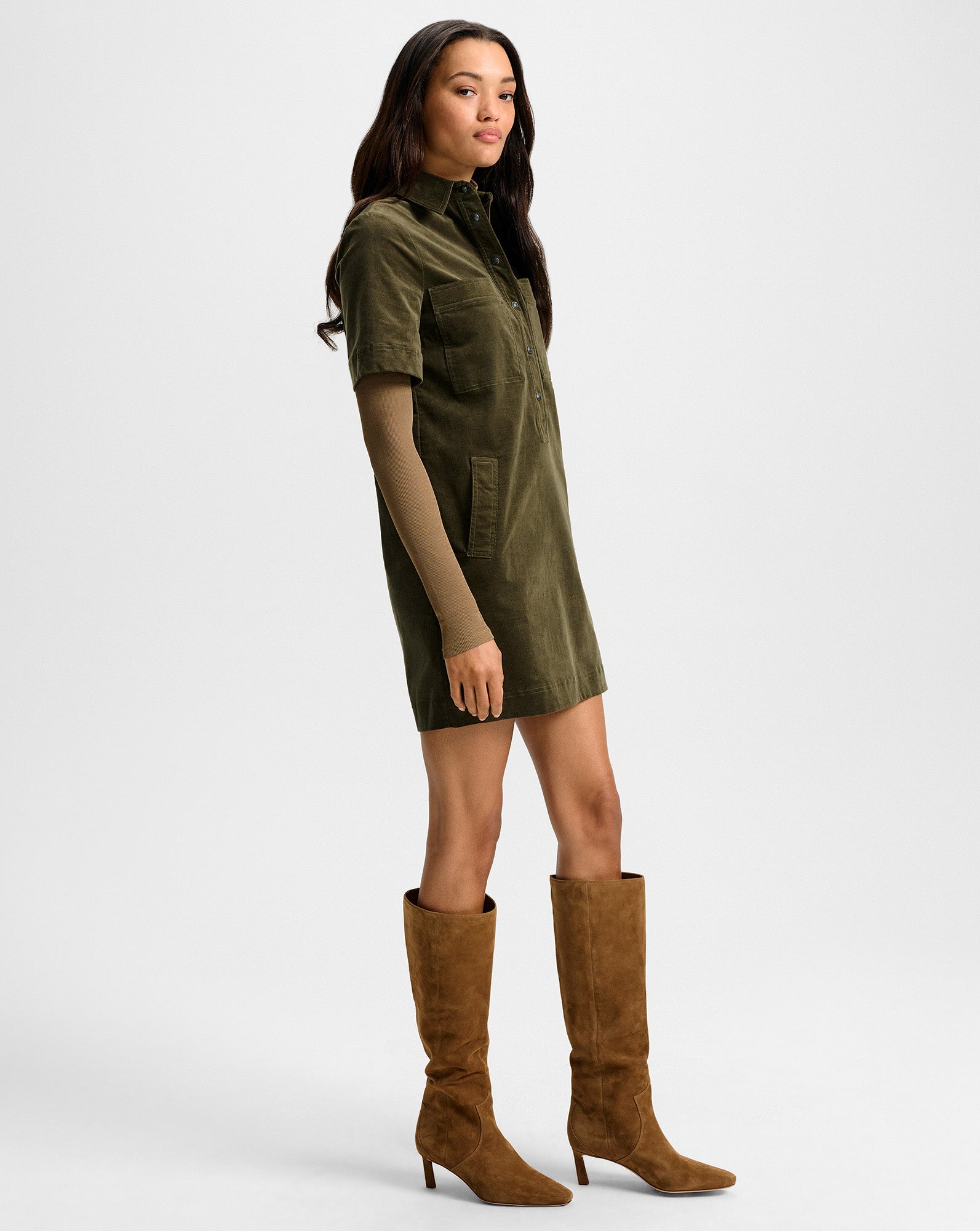 Koulis Mini Shirtdress in Green Corduroy Cypress | Veronica Beard Koulis Mini Shirtdress in Green Corduroy Cypress | Veronica Beard