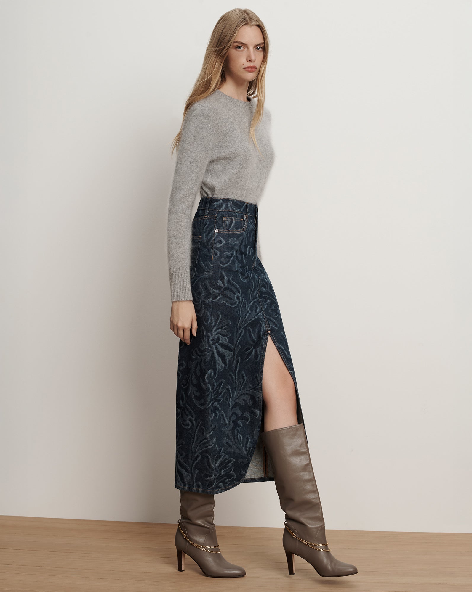 Devorah Denim Maxi Skirt in Indigo Damask Dark Blue Floral
