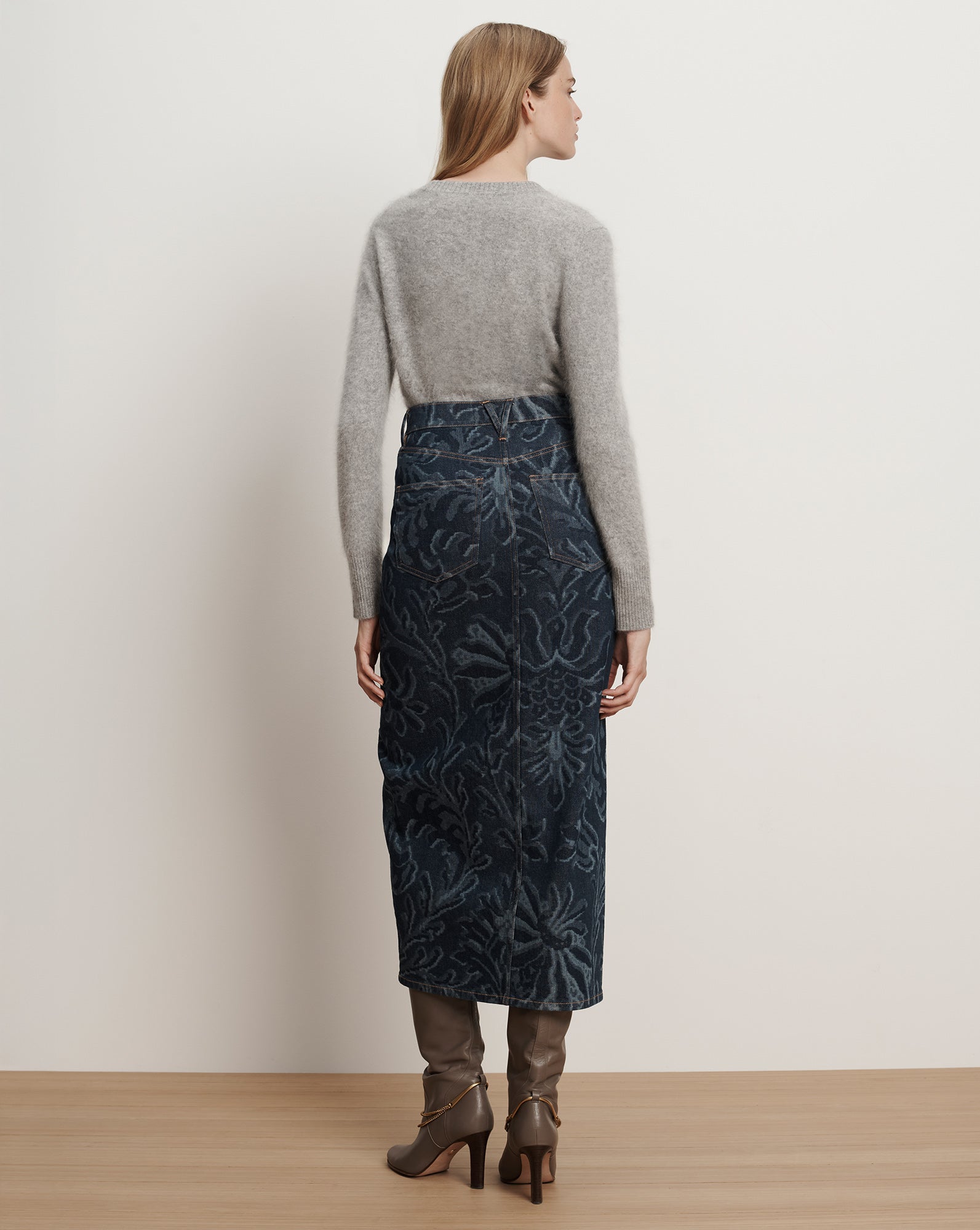 Devorah Denim Maxi Skirt in Indigo Damask Dark Blue Floral