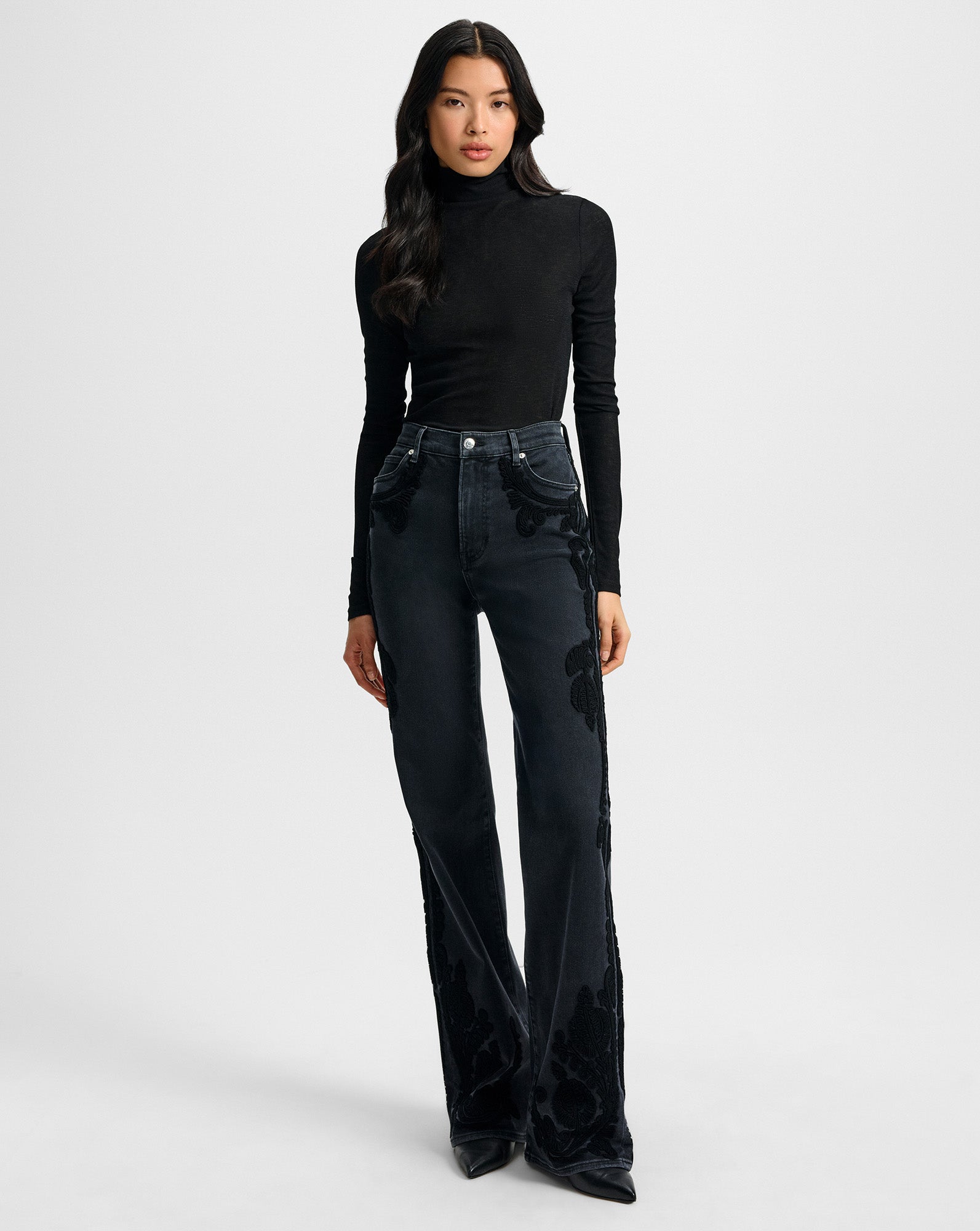 Crosbie Embroidered Slim Wide-Leg Jean in Washed Black Onyx