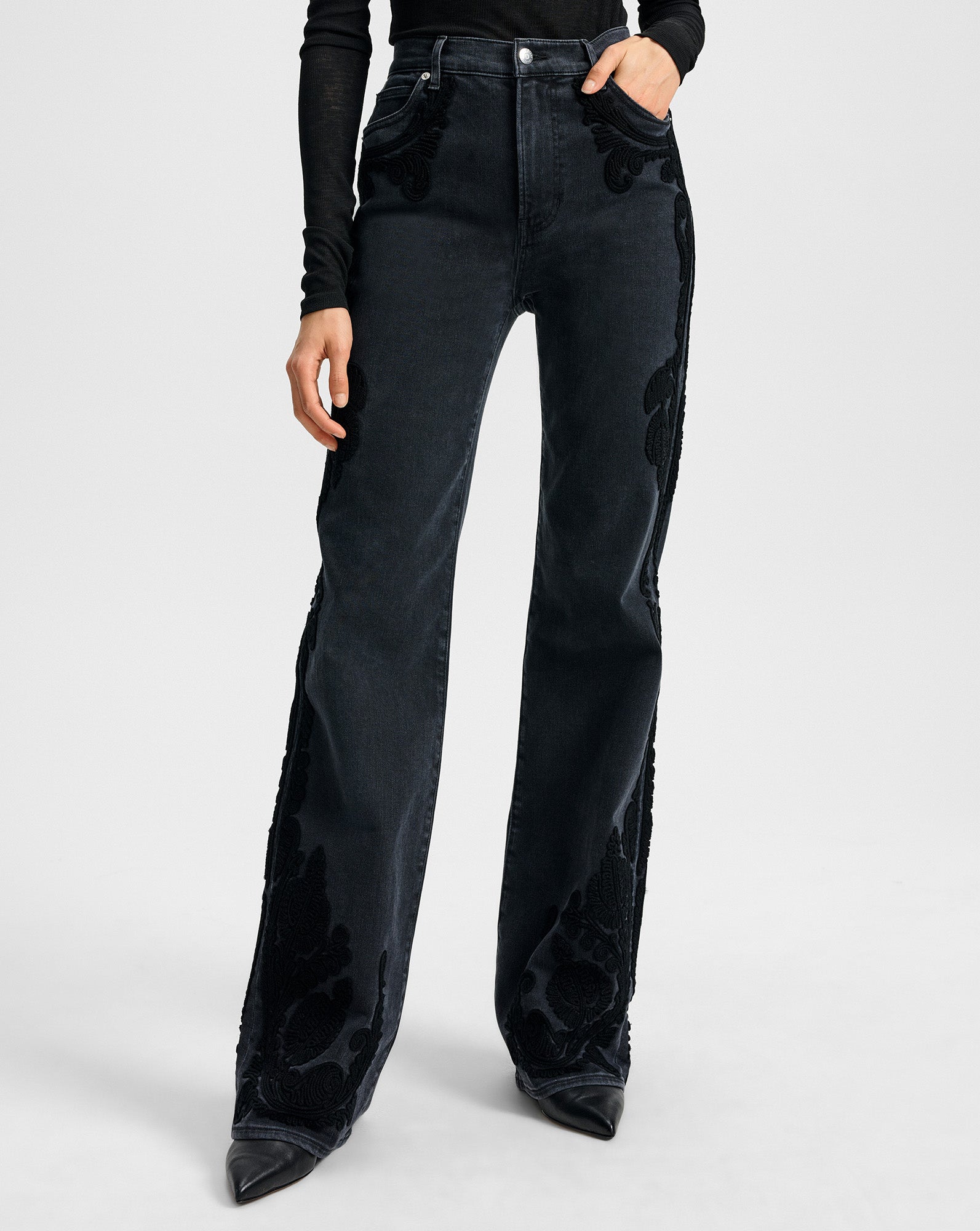 Veronica Beard Crosbie Embroidered Slim Wide-Leg Jean - Washed Onyx
