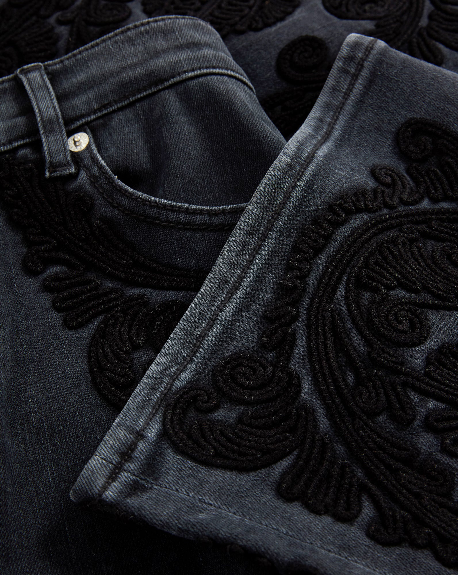 Crosbie Embroidered Slim Wide-Leg Jean in Washed Black Onyx