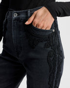 Veronica Beard Crosbie Embroidered Slim Wide-Leg Jean - Washed Onyx