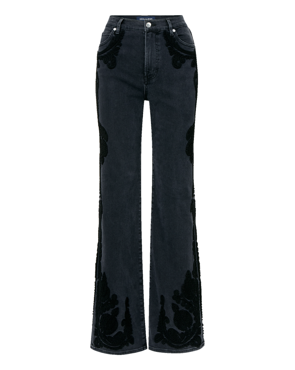 Veronica Beard Crosbie Embroidered Slim Wide-Leg Jean - Washed Onyx