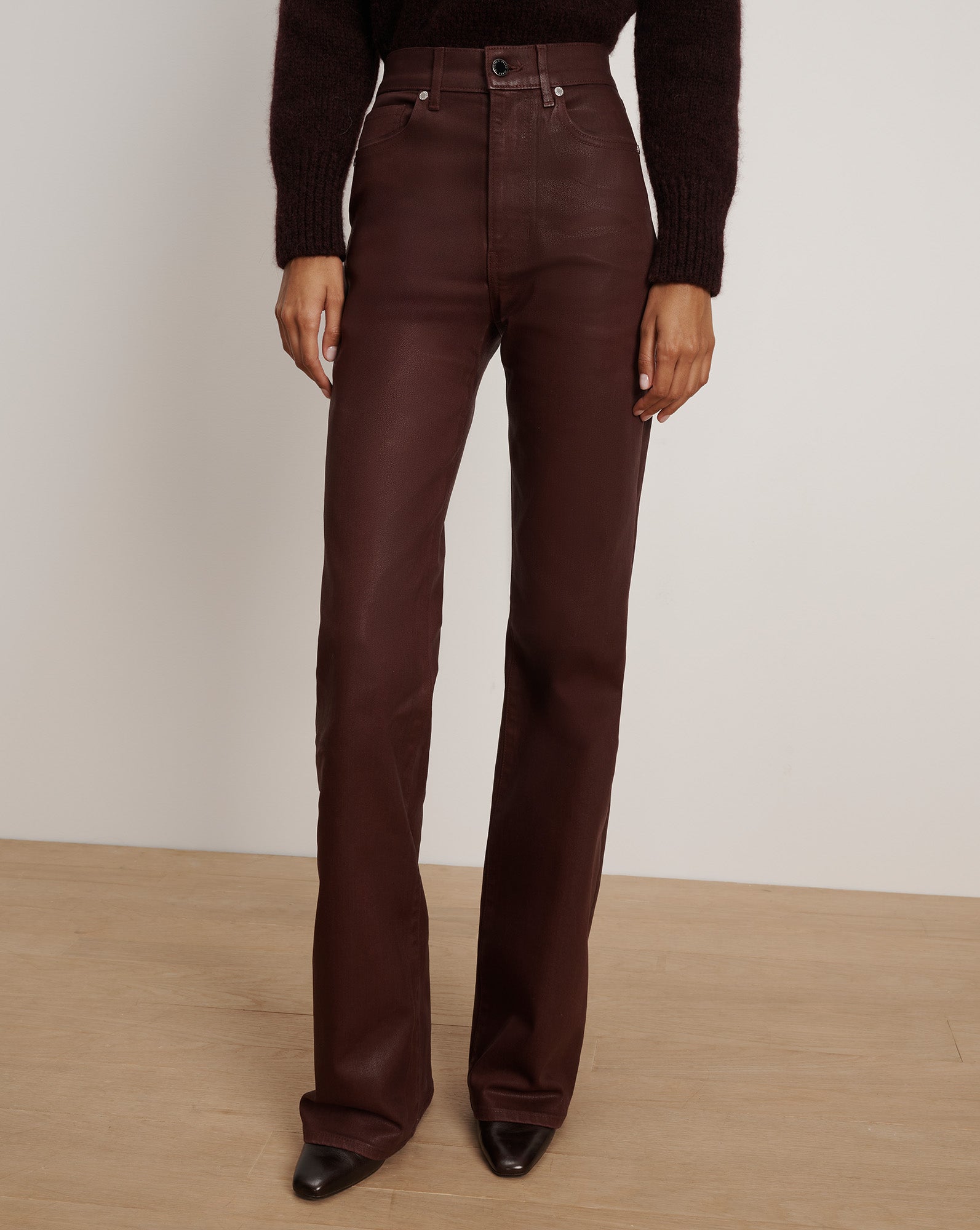 Crosbie Coated Slim Wide-Leg Jean in Burgundy Raisin | Veronica Beard