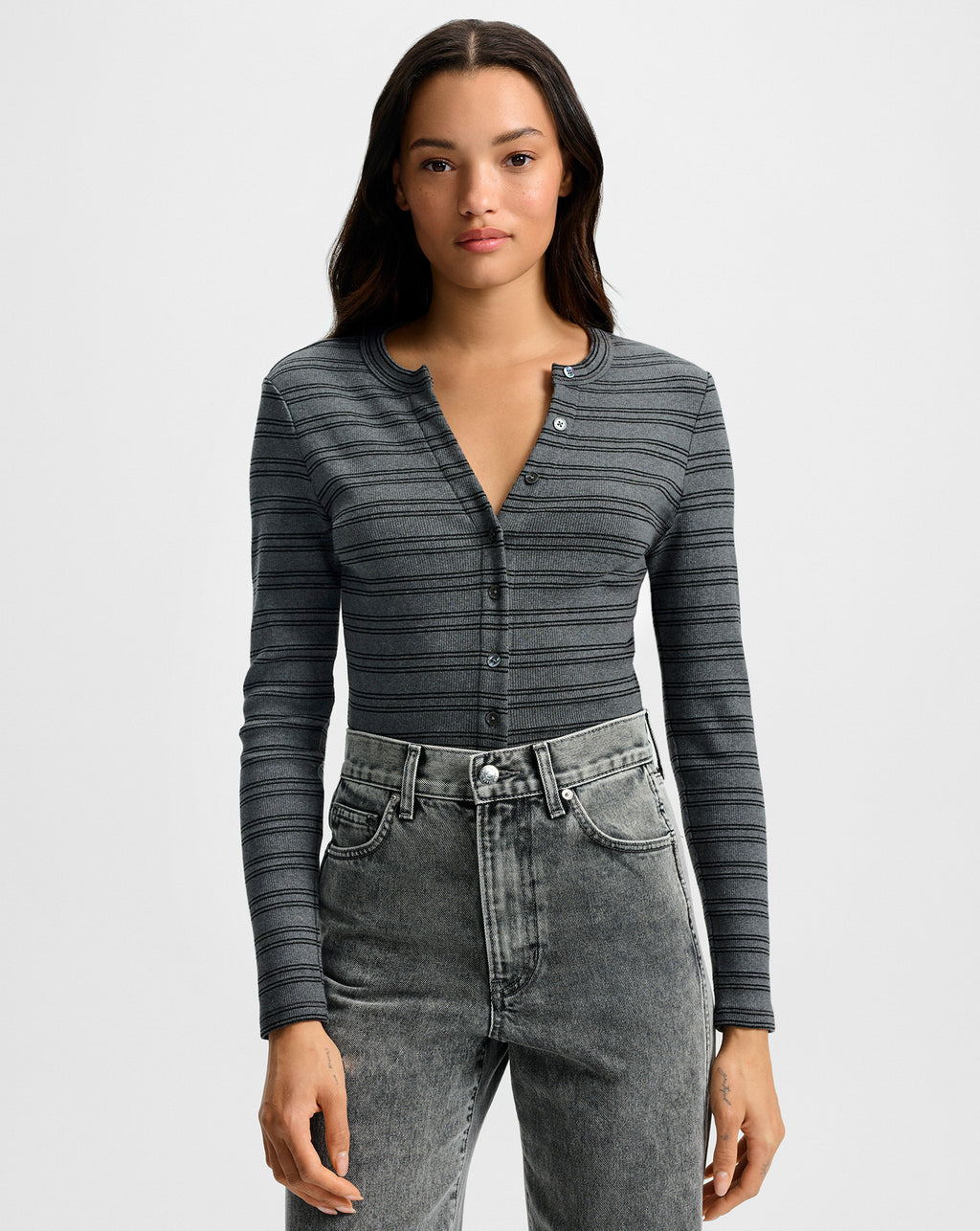 Veronica Beard Dilia Striped Button-Down T-Shirt - Heather Grey/Black