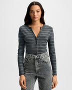 Veronica Beard Dilia Striped Button-Down T-Shirt - Heather Grey/Black