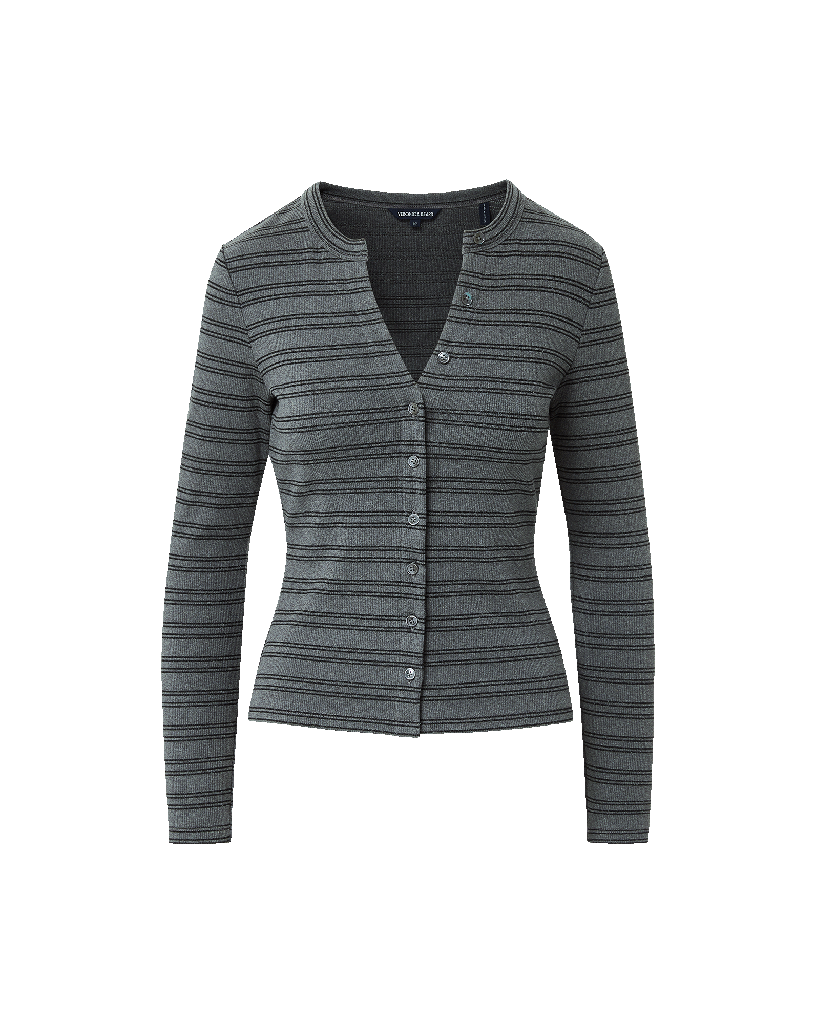 Veronica Beard Dilia Striped Button-Down T-Shirt - Heather Grey/Black