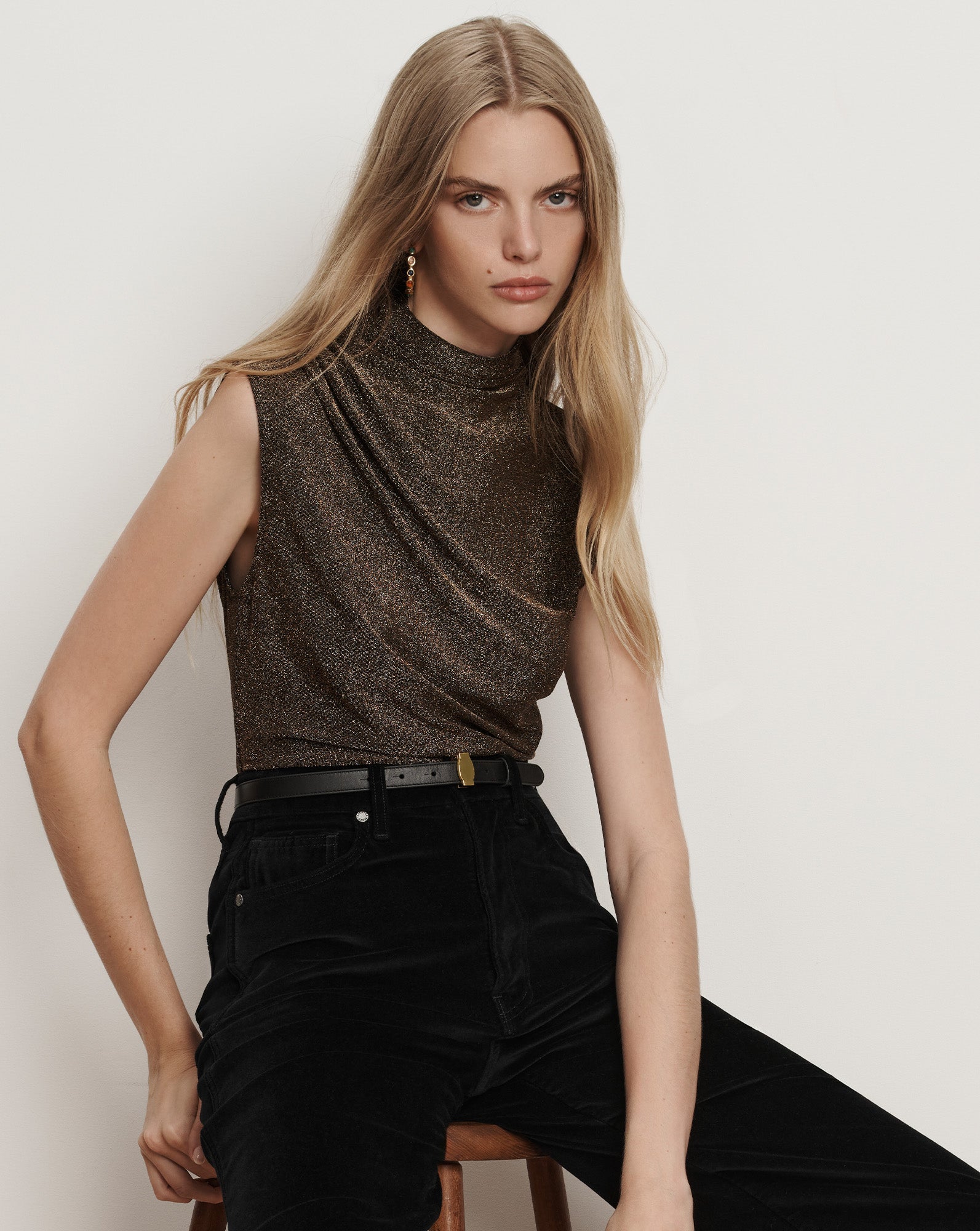 Mylie Sleeveless Mock-Neck Tank Top in Gold | Veronica Beard