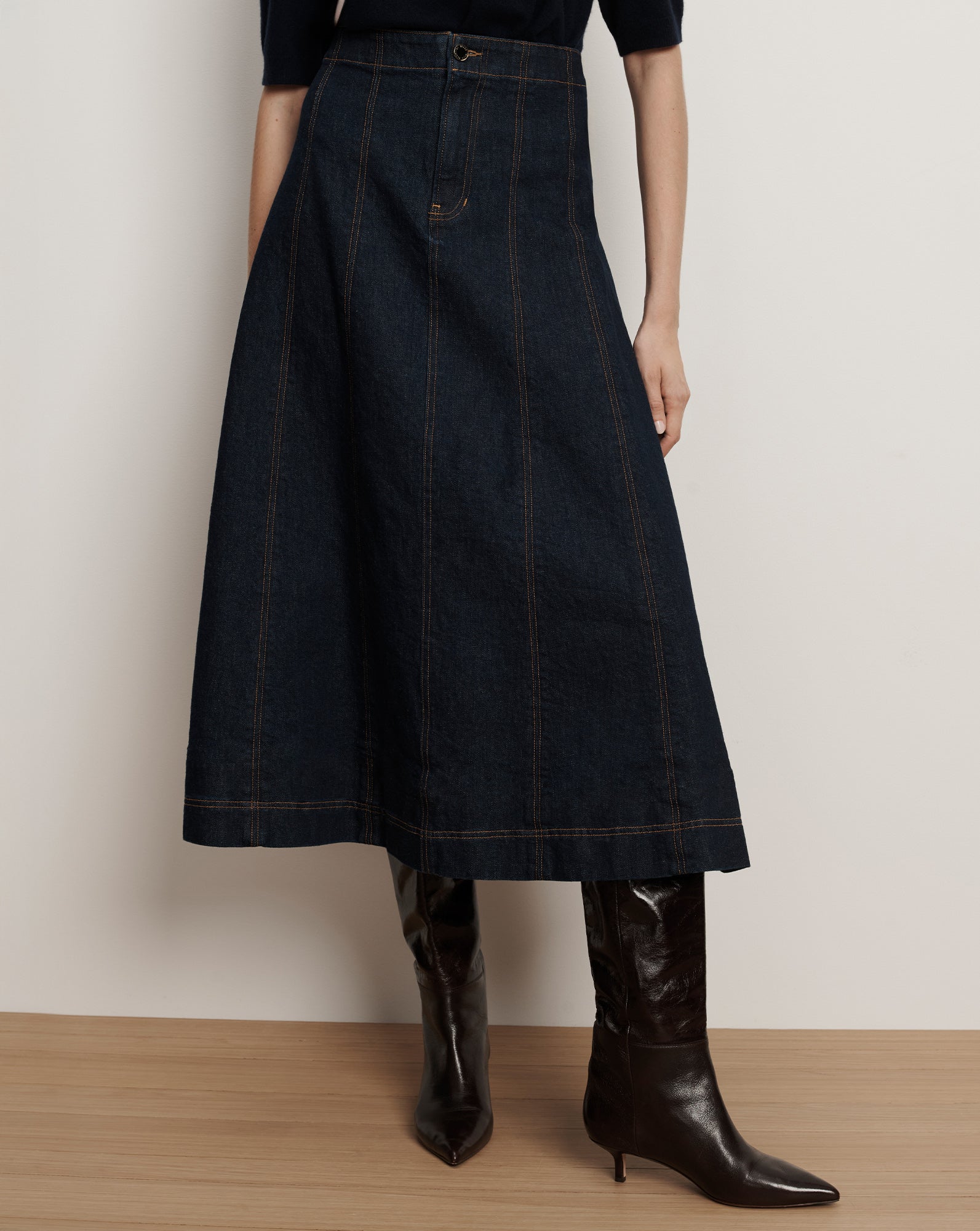 Alix Denim Jean Midi Skirt in Dark Wash Denim Indigo Rinse
