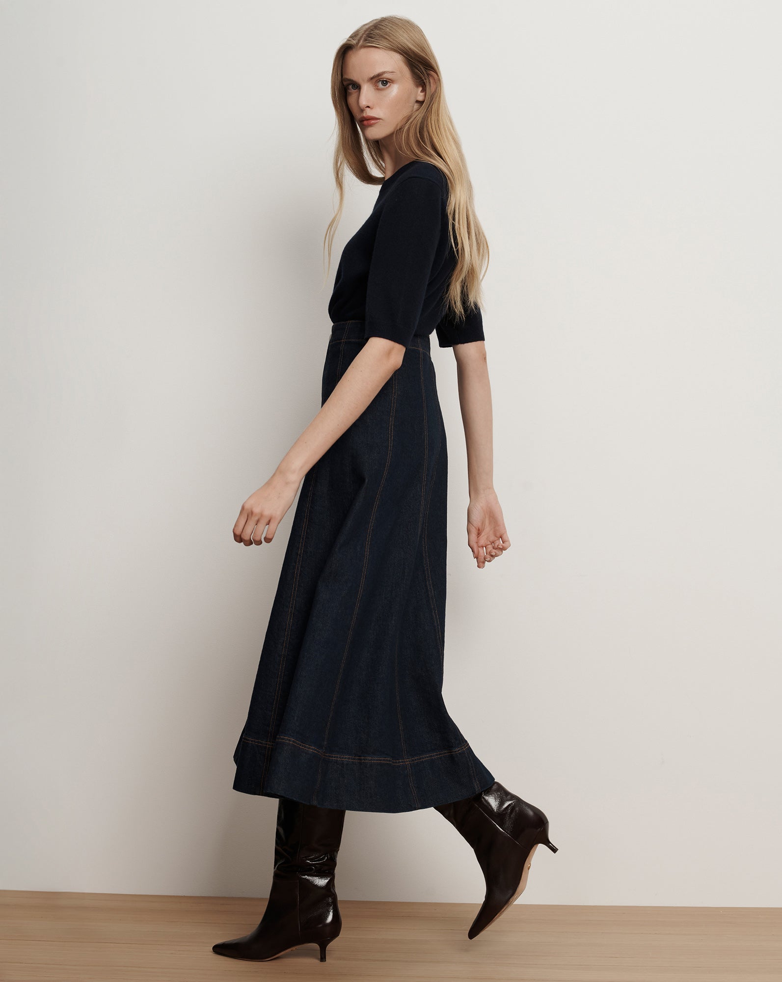 Alix Denim Jean Midi Skirt in Dark Wash Denim Indigo Rinse