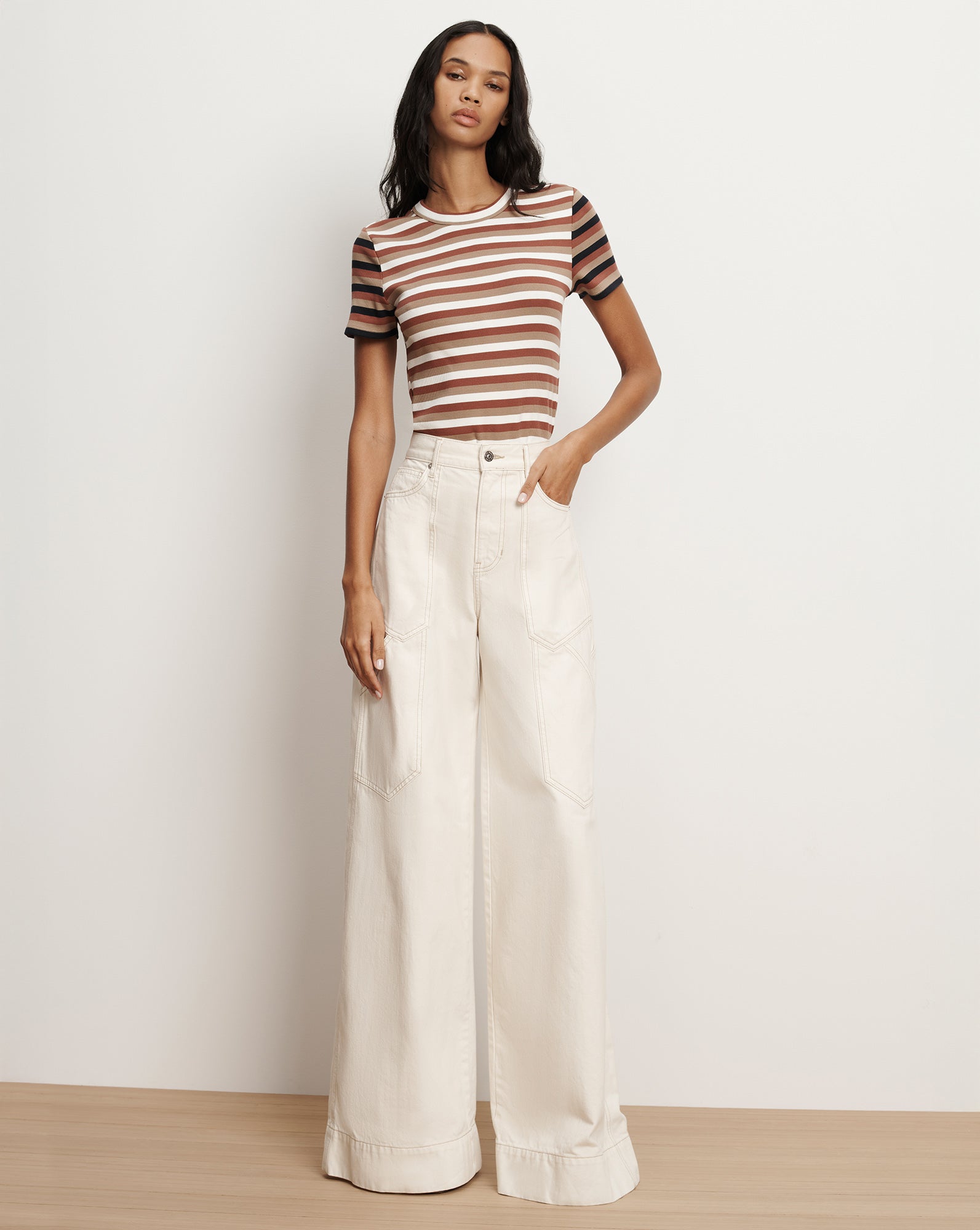 Pruitt Striped Ribbed T-Shirt in Beige & Red Malt/Red Oak/Dove