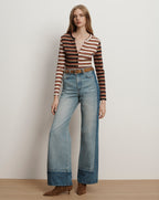 Veronica Beard Dilia Striped Button-Down T-Shirt - Malt/Navy/Red Oak