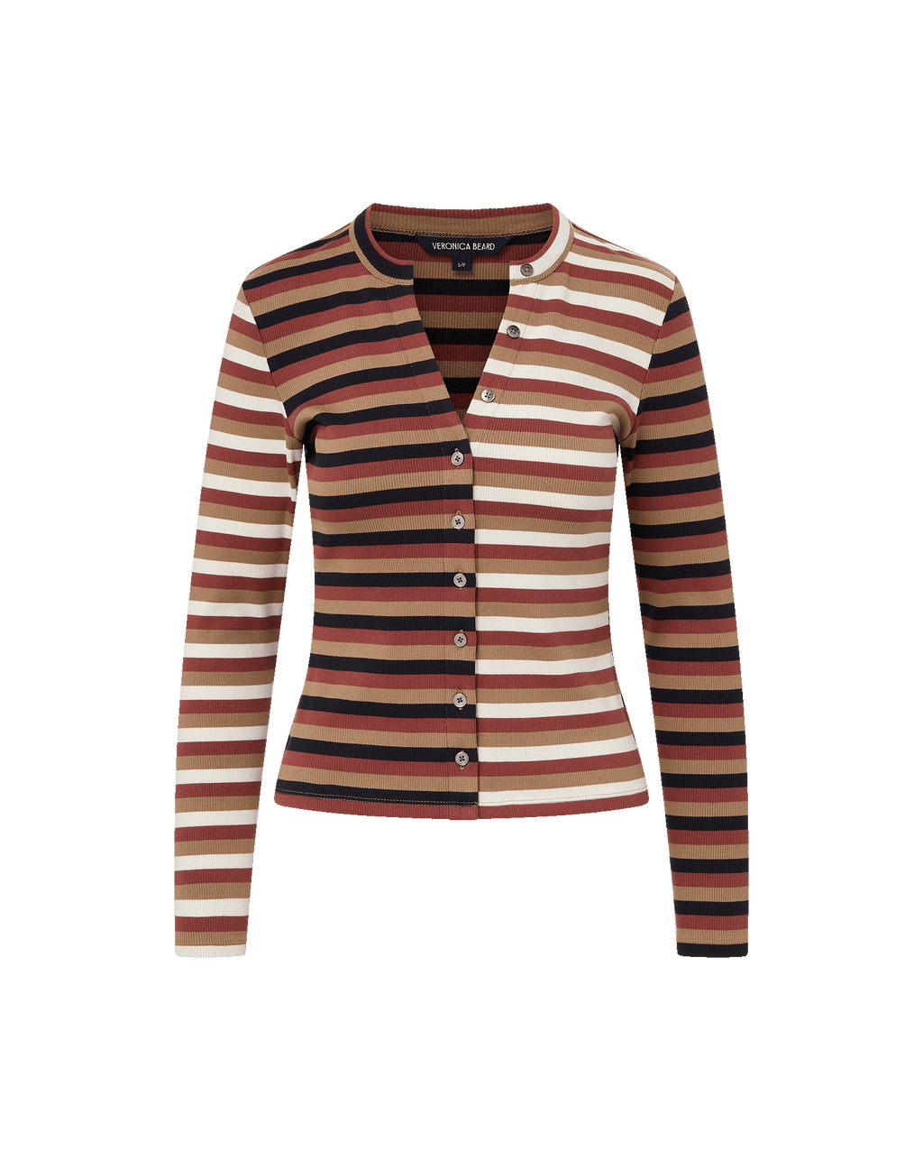 Veronica Beard Dilia Striped Button-Down T-Shirt - Malt/Navy/Red Oak