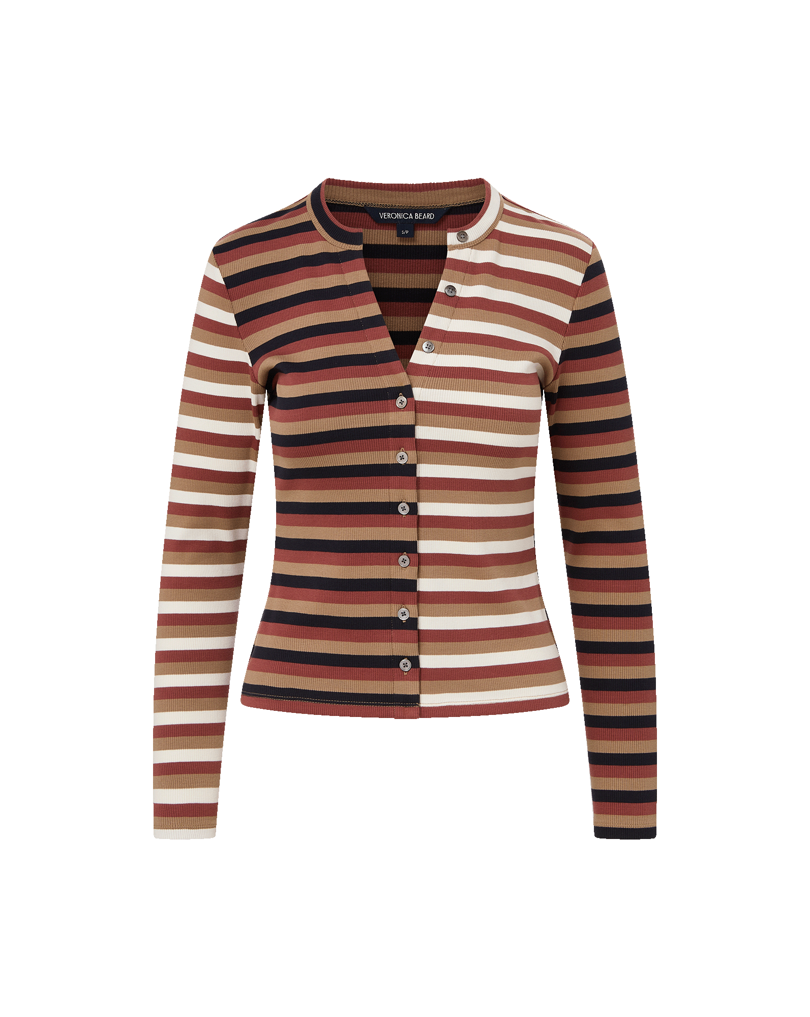 Veronica Beard Dilia Striped Button-Down T-Shirt - Malt/Navy/Red Oak