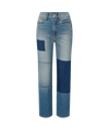 Veronica Beard Blue denim patchwork jeans with straight-leg fit.