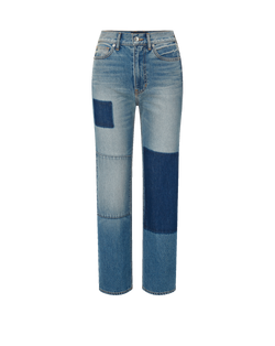 Veronica Beard Blue denim patchwork jeans with straight-leg fit.