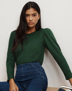 Veronica Beard Bouvet Smocked-Shoulder T-Shirt - Dark Hunter Green