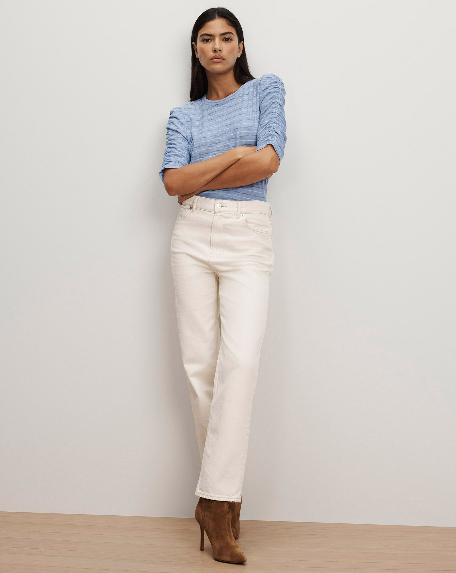Waldorf Ruched-Sleeve T-Shirt in Striped Ice Blue Multi | Veronica