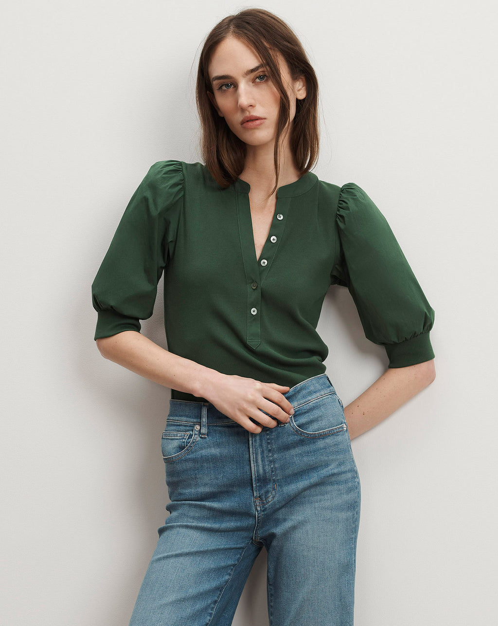 Veronica Beard Coralee Puff-Sleeve Top - Dark Hunter Green