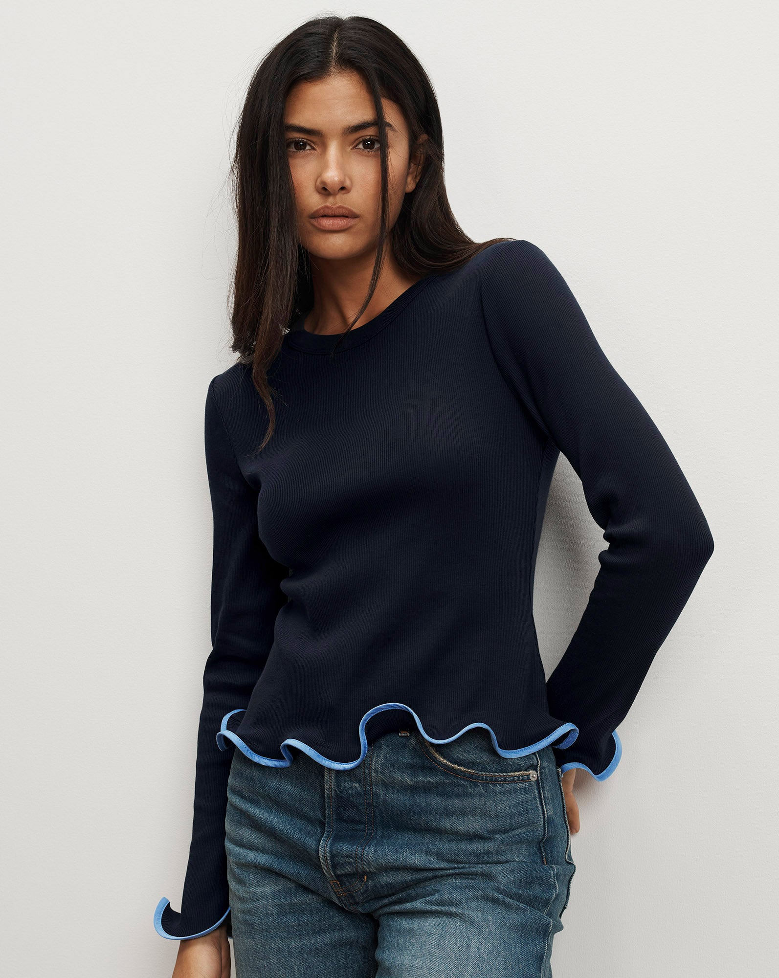 Elianne Ruffle-Trim T-Shirt in Navy | Veronica Beard