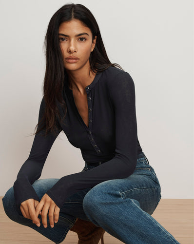 Veronica Beard Drexler Ribbed Henley Top - Navy