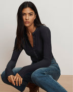 Veronica Beard Drexler Ribbed Henley Top - Navy