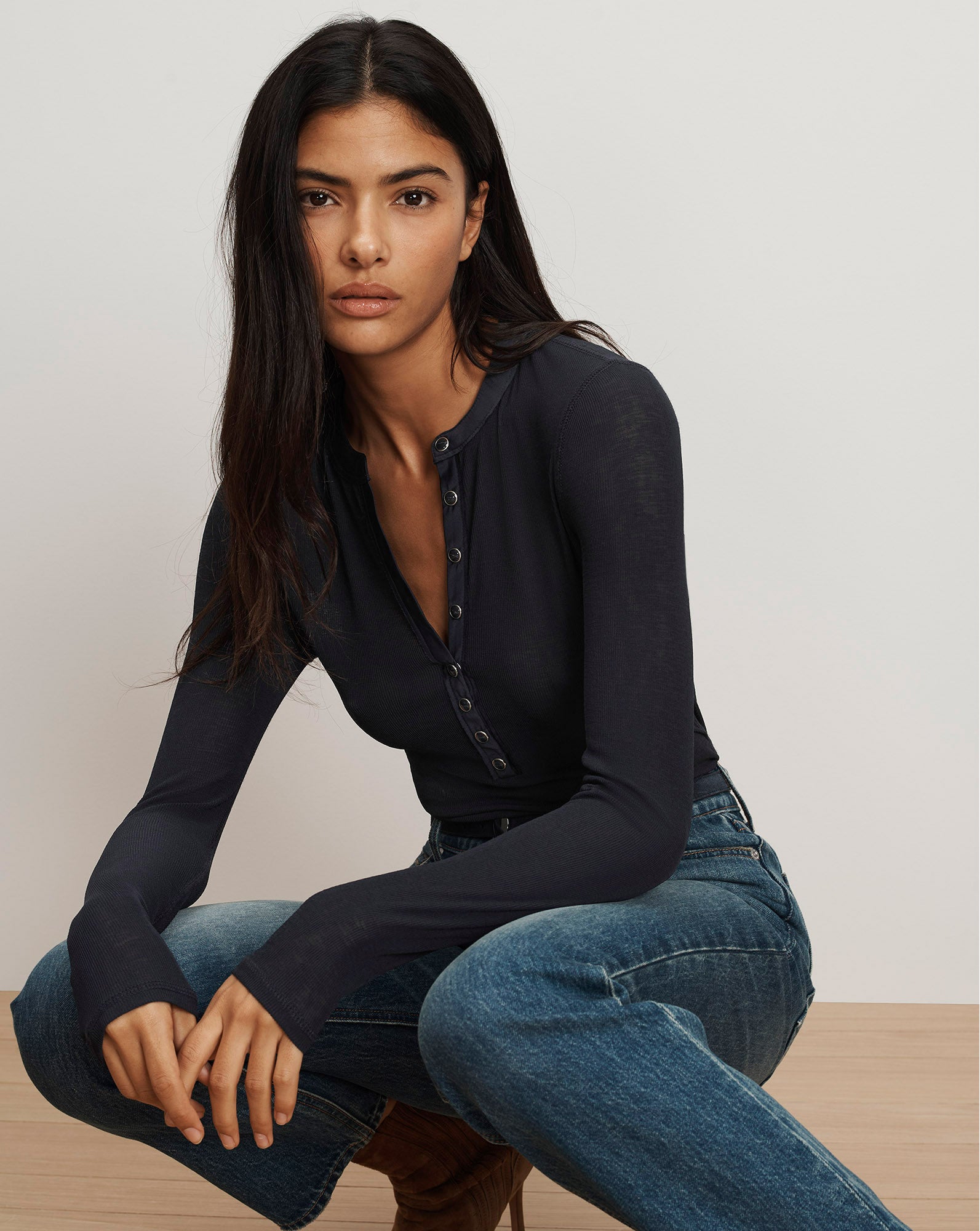 Veronica Beard Drexler Ribbed Henley Top - Navy