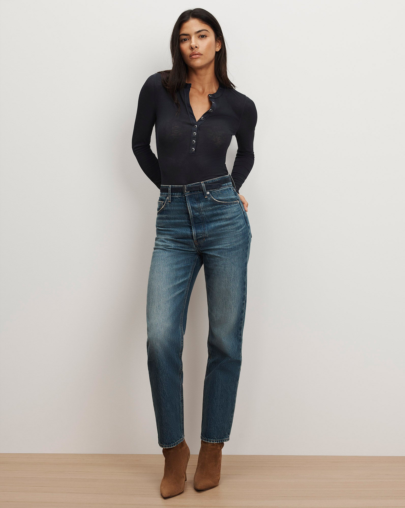 Drexler Ribbed Henley Top in Navy | Veronica Beard