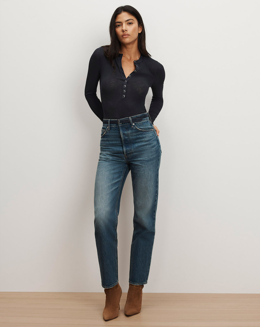 Veronica Beard Drexler Ribbed Henley Top - Navy