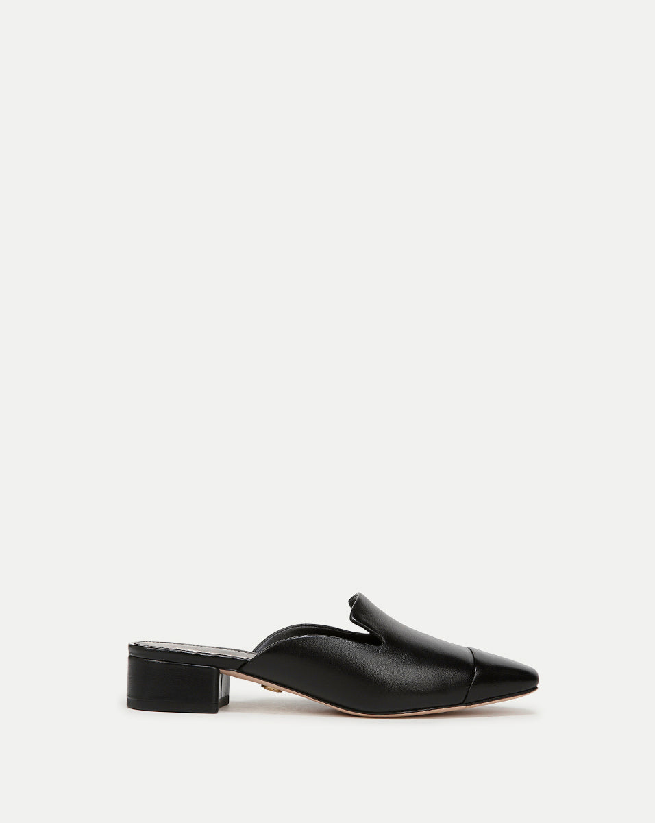 Cecile Leather Cap-Toe Mule in Black/Black | Veronica Beard