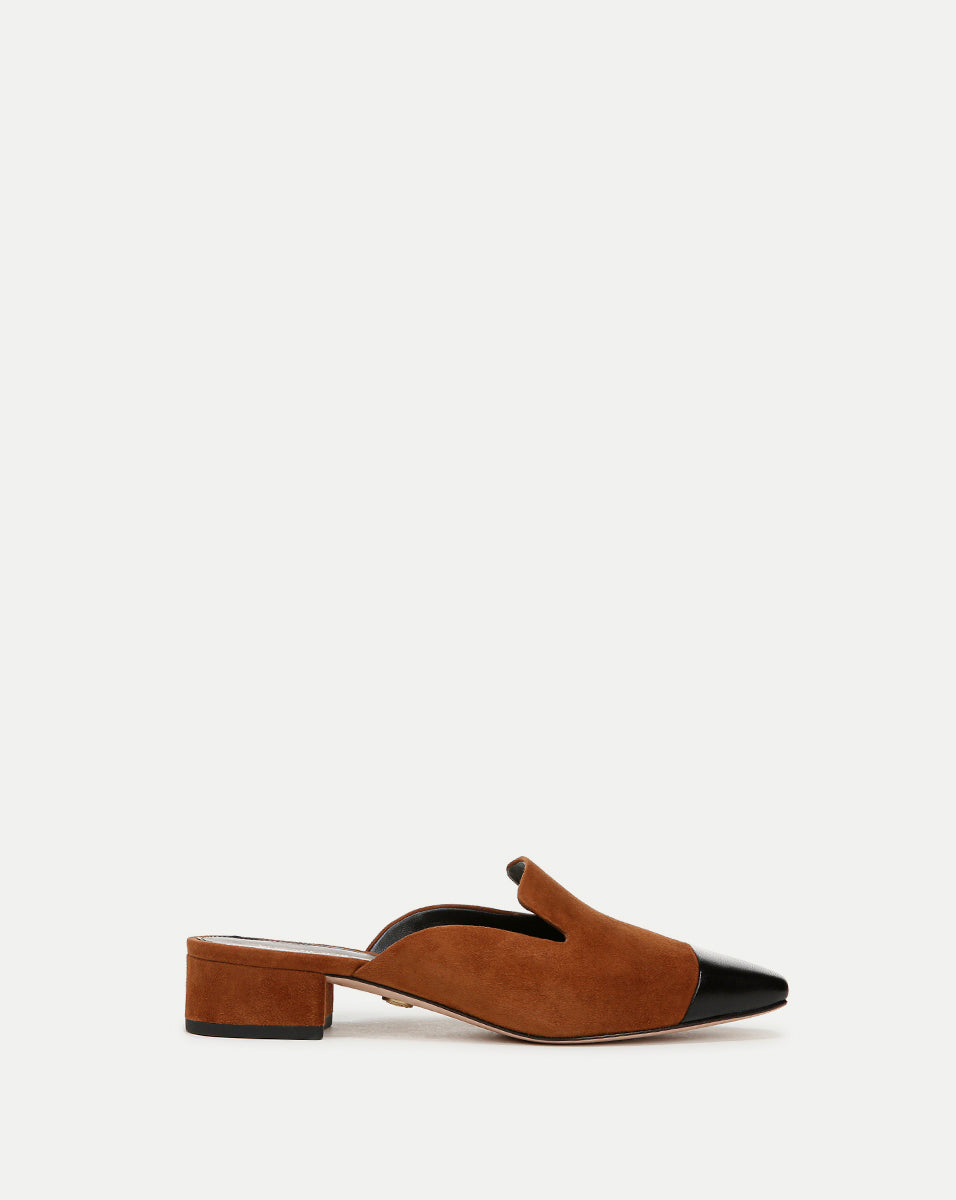 Cecile Suede Cap-Toe Mule in Caramel/Black Veronica Beard