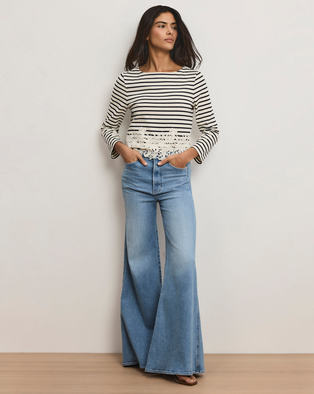 Veronica Beard Hovey Striped Lace T-Shirt - Dove White/Navy Stripe