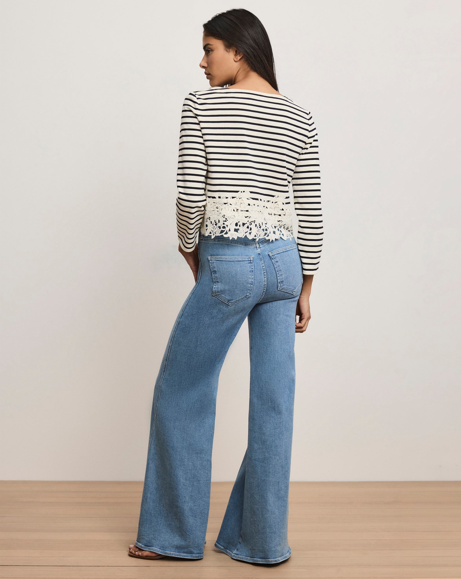 Veronica Beard Hovey Striped Lace T-Shirt - Dove White/Navy Stripe
