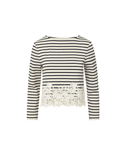 Veronica Beard Hovey Striped Lace T-Shirt Dove White/Navy Stripe