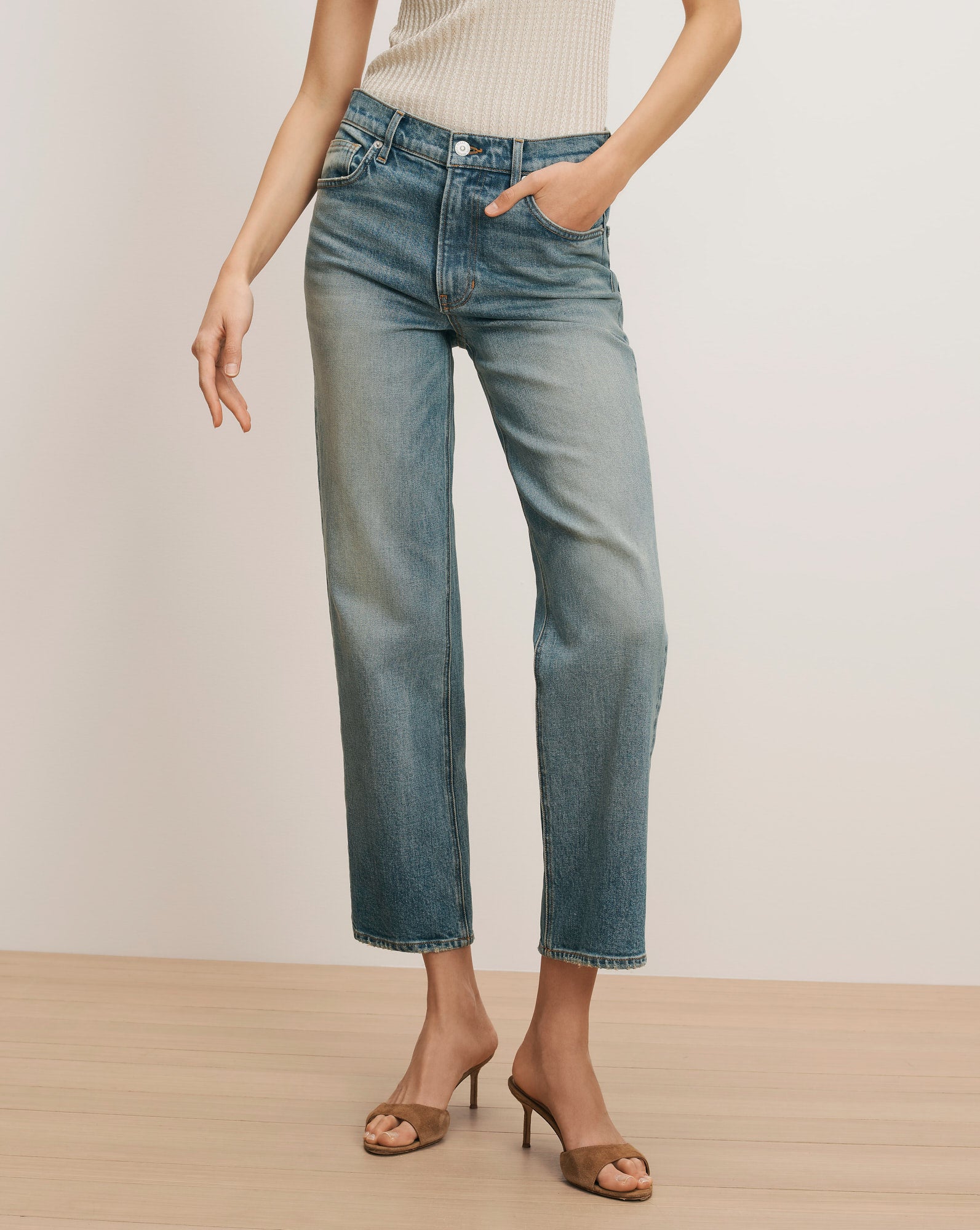 Leah Straight-Leg Jean in Light Wash Denim Jaw Drop Varosh Blowout