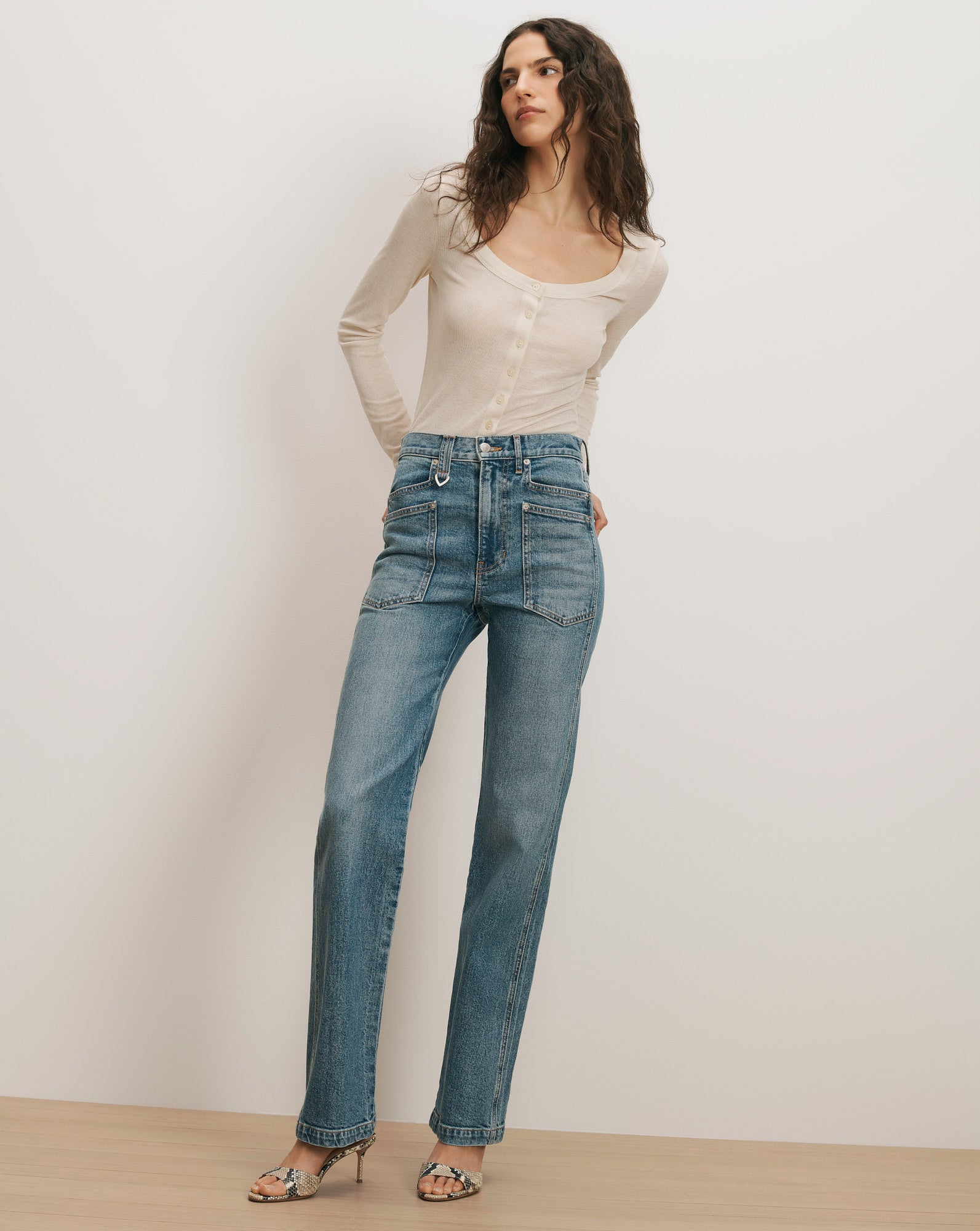 Dylan Patch-Pocket Straight-Leg Jean in Medium Blue Denim Orbit