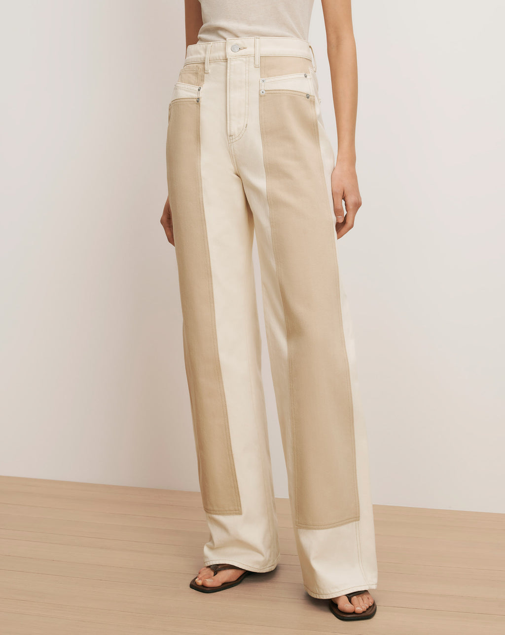 Taylor Color-Block Wide-Leg Jean in Ecru/Stone Khaki | Veronica Beard