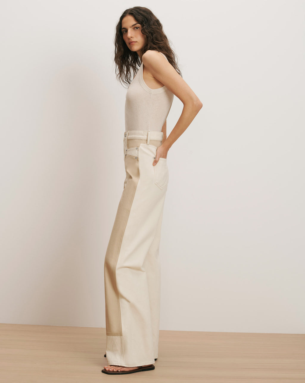 Taylor Color-Block Wide-Leg Jean in Ecru/Stone Khaki | Veronica Beard
