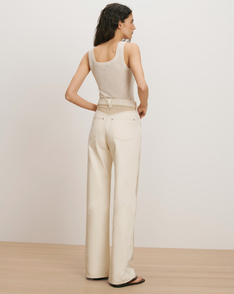 Veronica Beard Taylor Color-Block Wide-Leg Jean - Ecru/Stone Khaki