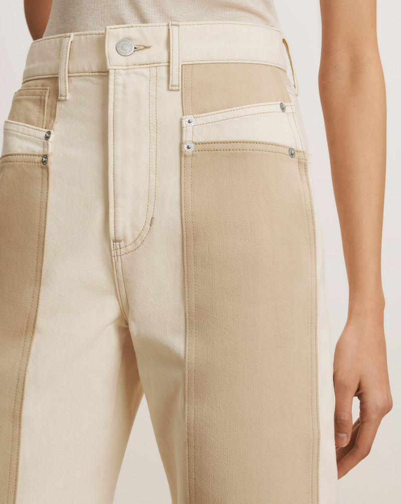Veronica Beard Taylor Color-Block Wide-Leg Jean - Ecru/Stone Khaki