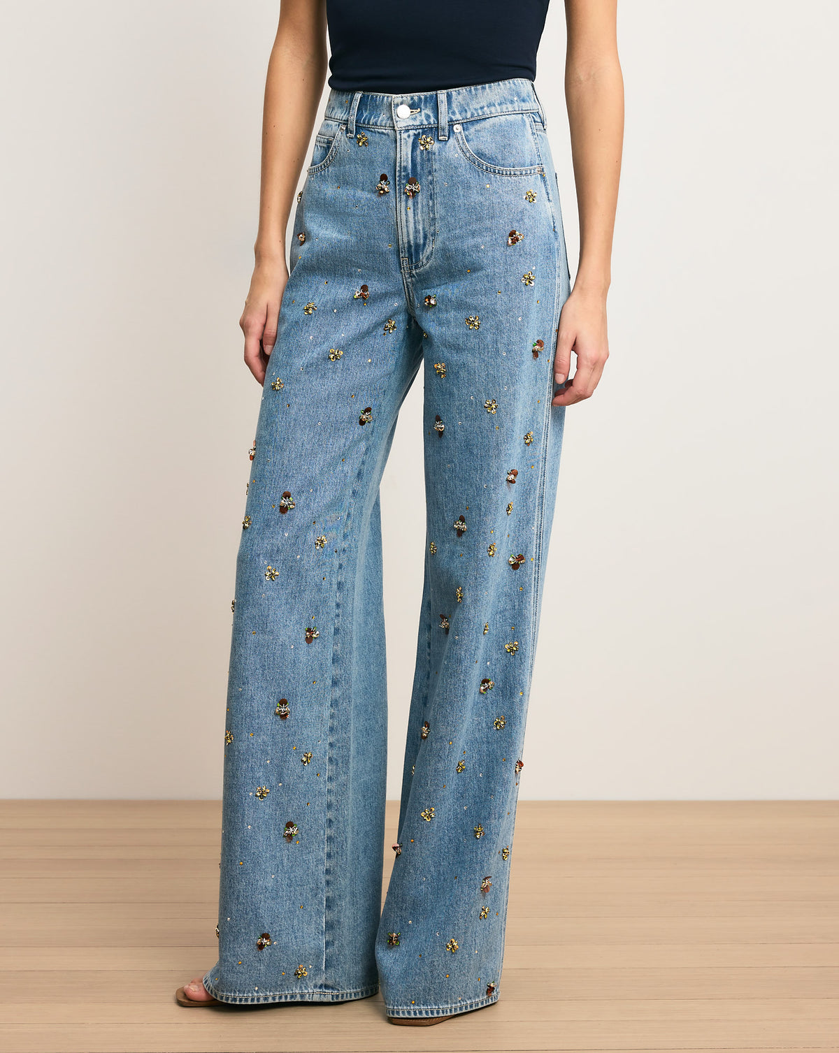 Kasey Embellished Wide-Leg Jean in Light Wash Denim Silver Dust ...