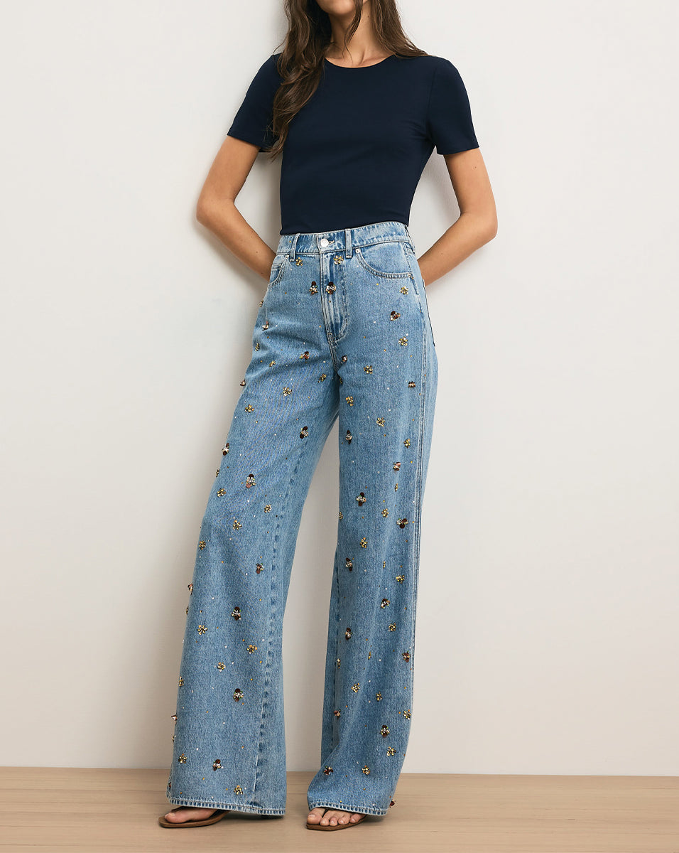 Kasey Embellished Wide-Leg Jean in Light Wash Denim Silver Dust